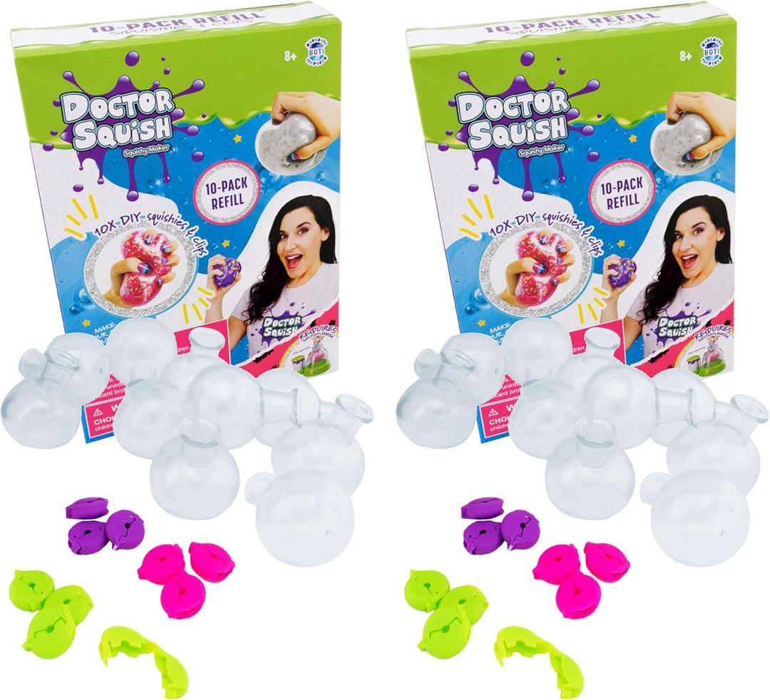 Doctor Squish Squishy Maker Refill Pack | DIY Squishy Making Kit with 10 TPR Balloons and 10 Reusable Clips | Make Your Own Squishies for Kids Ages 8 & Up | 2 Pack