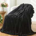 Super Soft Throw Blanket Black Premium Silky Flannel Fleece 3D Ribbed Jacquard Lightweight Bed Blanket All Season Use (Black Ribbed, Throw)