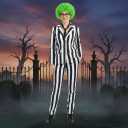 Utaomld Black and White Vertical Striped Suit 4Pcs with Jacket Pants Tie Wig Men Women Halloween Costume Cosplay Outfit (XX-Large)