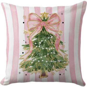Christmas Tree Pillow Cover 18x18 Pink Coquette Holiday Throw Pillow Case with Bow and Stripes Cute Feminine Christmas Cushion for Bedroom or Sofa Decor