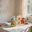 Fake Flowers with Small Hand-Painted Vase,17" Champagne Artificial Flowers Bouquet in Ceramic Vase,Silk Flower Eucalyptus Arrangements for Home Dining Living Room Office Coffee Table Decorations