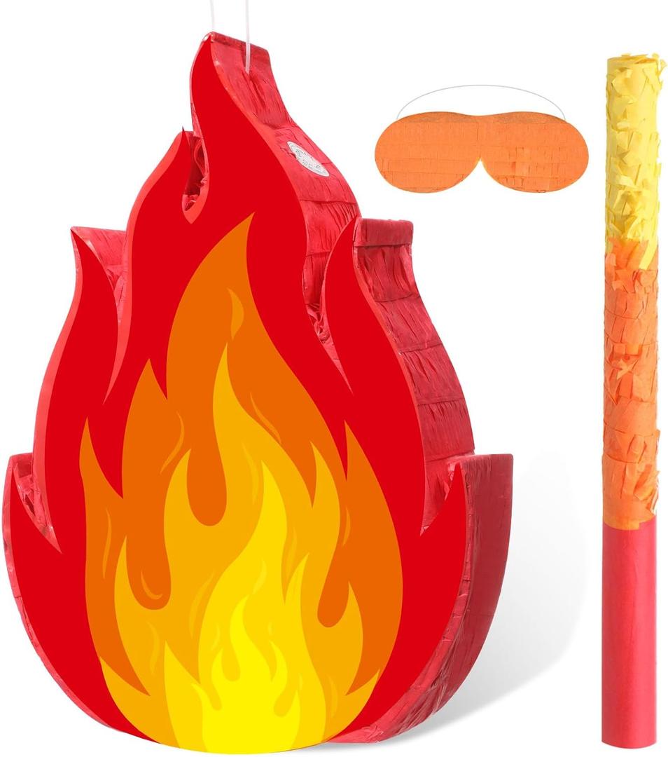 Pasimy Fire Piata with Blindfold and Stick Campfire Piata Bundle for Fireman Camping Red Flame Firetruck Theme Birthday Baby Shower Firefighter Party Decorations Game Supplies, 16.14 x 12.20 Inch