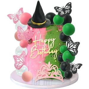 33 PCS Witch Cake Topper Crown Butterfly Cake Decoration with Green Pink Balls and Witch Hat for Witch Theme Birthday Party Supplies