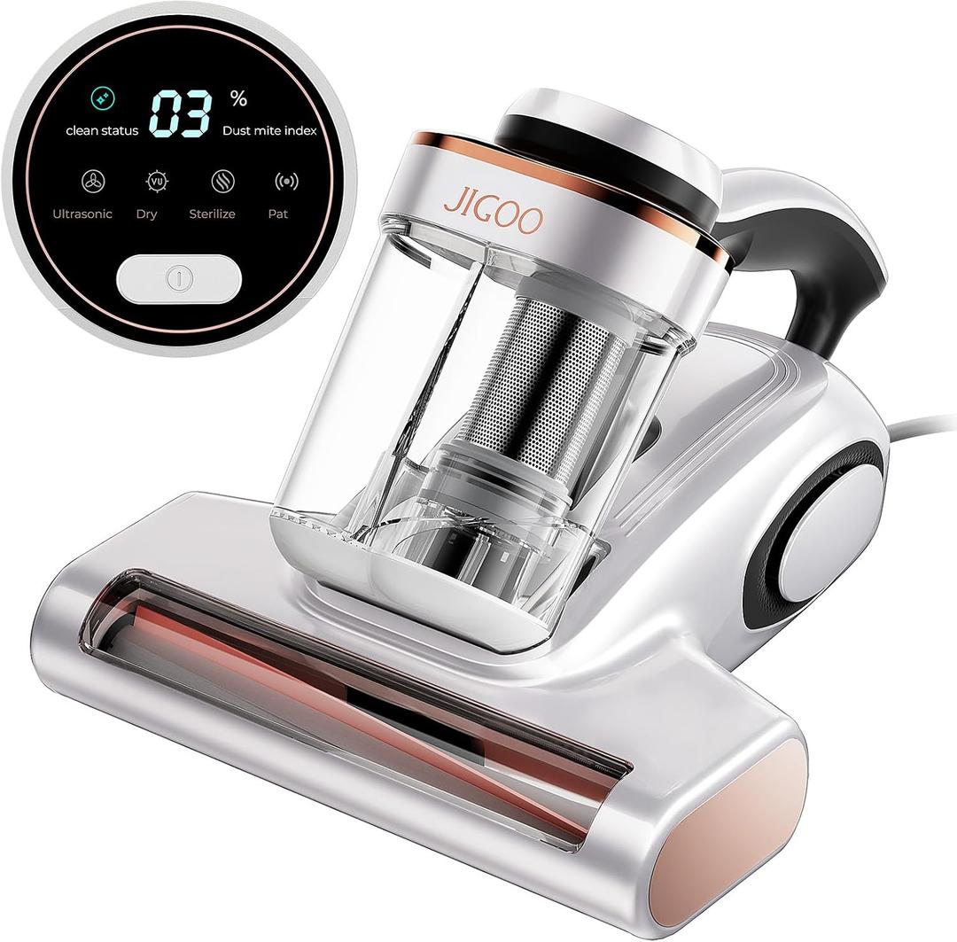 JIGOO Bed Vacuum Cleaner with Dust Sensor, Mattress Vacuum Cleaner with UV & Ultrasonic and High Heating, 13Kpa Suction 500W Powerful Double-Cup Handheld Vacuums (J300, Corded)