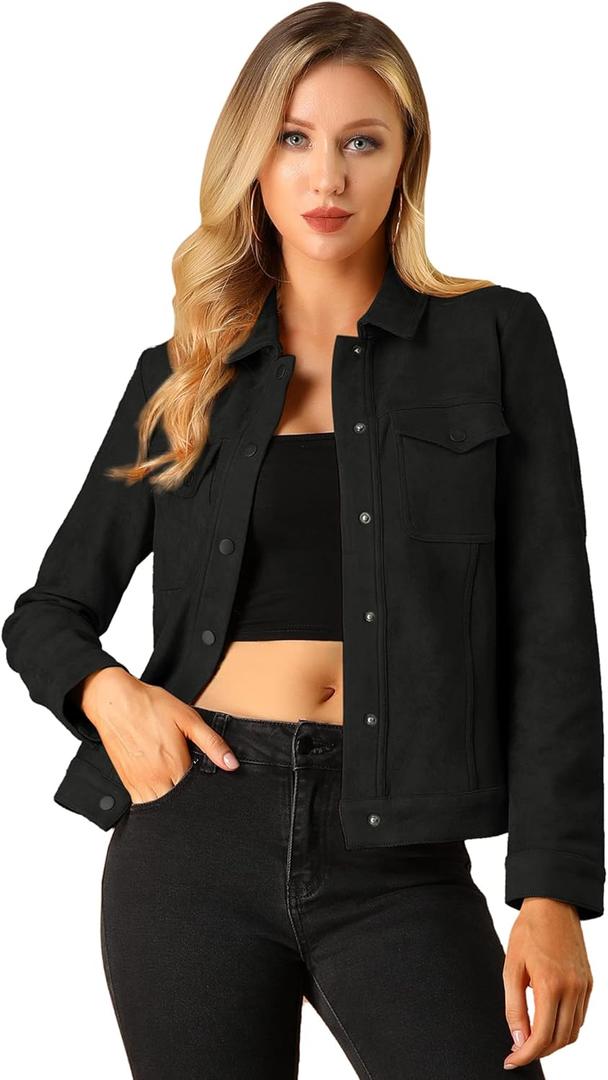 Allegra K Women's Turn-Down Collar Flap Pockets Snap Button Faux Suede Jacket (Medium)