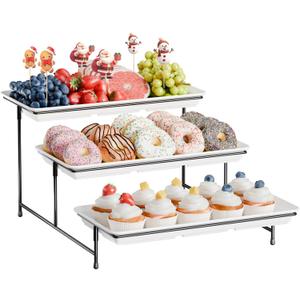 3-Tier Melamine Serving Tray Set, 14"x7" Platters for Serving Food, White Reusable Trays with Black Metal Display Stand for Cupcakes, Sevring Food, Dessert, Fruit, Cookie, Black