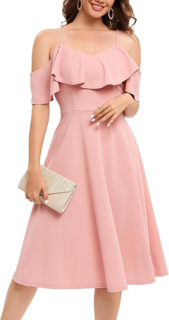 Bbonlinedress Womens Off The Shoulder Cocktail Dress, Formal Wedding Guest Prom Party Homecoming Graduation A-line Midi Dress (Blush) L