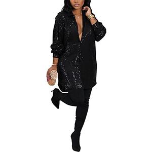 Midi Sequin Dress for Women Sparkle Button Down Sexy Shirt Dresses Long Sleeve Party Club Dress, XXXL