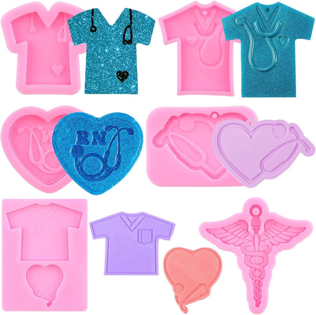 Doctor Theme Resin Molds Nurse Shirt Heart Stethoscope Silicone Keychain Mold Medical Emblem Resin Molds for DIY Handmade Necklace Jewelry Crafting Making Set of 6 A Style