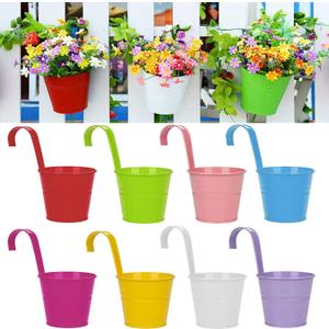 LINSHRY 6.3 Inch Large Metal Iron Hanging Flower Pots, 8 Pack Fence Hanging Planters, Balcony Railing Planters with Detachable Hook, Multicolor Hanging Bucket for Indoor/Outdoor Decoration