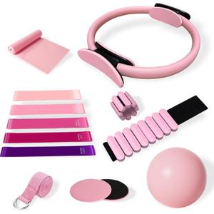 Pilates Equipment Kit for Home Workout,Pilates Ring and Ball Set,Pilates Essentials Accessories Kit for Women with Core Sliders,Adjustable Ankle Wrist Weight,Exercise Resistant Bands (pink)