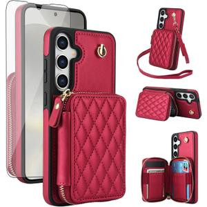 Phone Case for Samsung Galaxy S24 5G Wallet Cell Cover with Tempered Glass Screen Protector Wrist Crossbody Strap Lanyard Stand RFID Blocking Credit Card Holder S 24 24S G5 SM-S921U Women Girls Red
