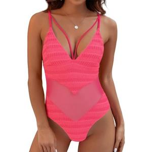 Uaunega Womens One Piece Swimsuits-Sexy Deep V Neckline Tummy Control Bathing Suit Slimming Mesh Swimwear, (M)
