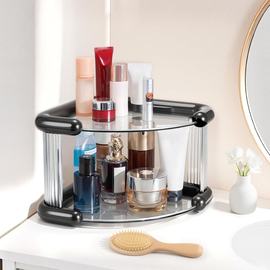 Corner Bathroom Counter Organizer, Perfume Skincare Organizers and Storage Countertop, Makeup Shelf for Vanity Dresser, Tiered Counter Top Skin Care Holder, 2 Tier, Black