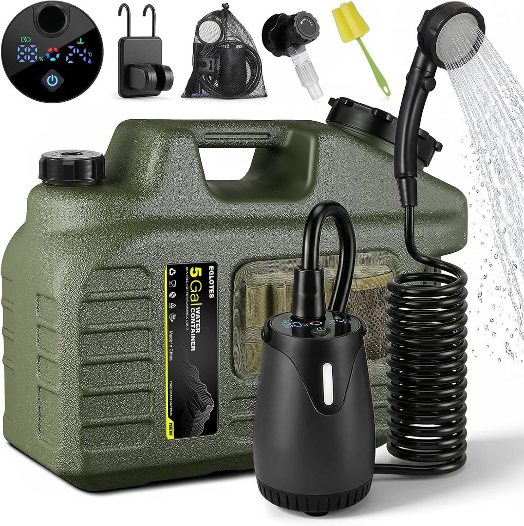 Portable Camping Shower with Water Jug, 8000mAh Rechargeable Camp Shower Kit, IPX8 Waterproof Pump, Adjustable Shower Head, Portable Shower for Camping, Pet Bath, Car Wash, Plant Watering, 5 Gallon