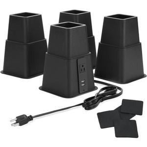 Heavy Duty Bed Risers with Power Outlet and USB, Adjustable 3, 5 or 8 Inch Bed Frame Lifts Raisers for Furniture, Bed, Sofa, College Dorm Twin, Supports up to 1500 lbs (Set of 4)