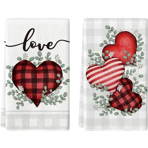 Artoid Mode Red Buffalo Plaid Heart Love Valentine's Kitchen Towels Dish Towels, 18x26 Inch Anniversary Wedding Decoration Hand Towels Set of 2 (18" x 26", Red)