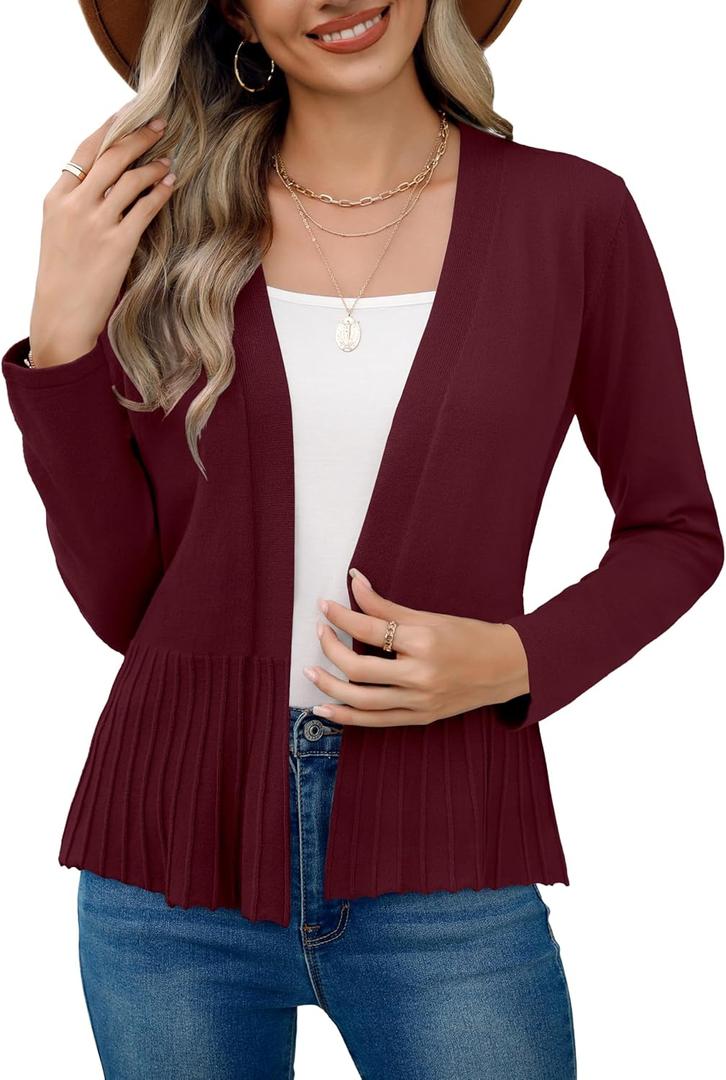 Bettysays Women's Casual Open Front Lightweight Cropped Cardigans Long Sleeve Sweater Soft Draped Peplum Knit Outwear (XX-Large, A-09 Wine Red)