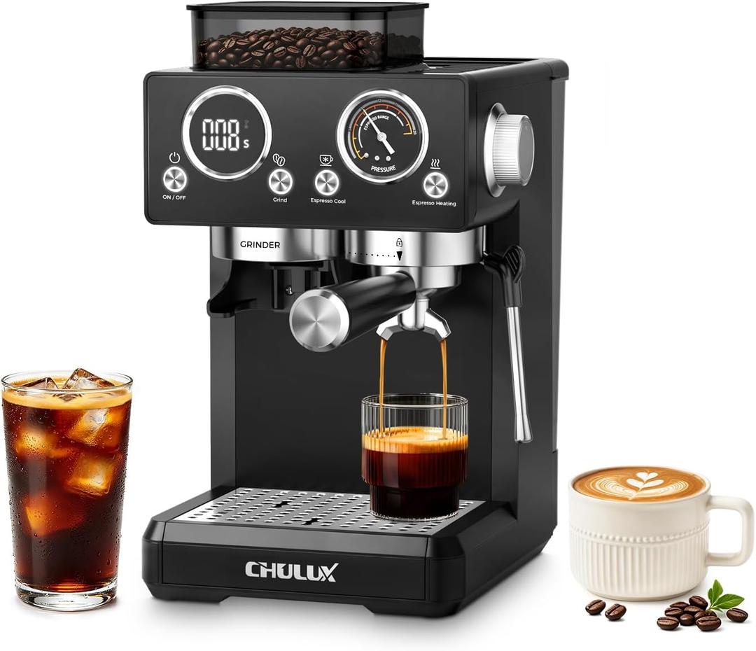 CHULUX Nero 20Bar Espresso Machine with Conical Burr Grinder for Cappuccino | Hot and Iced Espresso, 4-in-1 Brewing Function, Real-Time Pressure and Temp, Steam Wand for Microfoam, Home Barista Brewing
