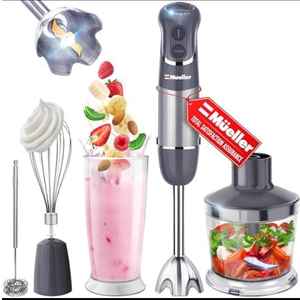 Mueller Multistick Set of 3 4-in-1 Immersion Blender Handheld, 12 Speed Hand Mixer - Turbo Boost, Heaviest Duty Copper Motor, Titanium Blades Hand Blender, Milk Frother Wand, Whisk, Beaker, Chopper, Grey Condition May Vary