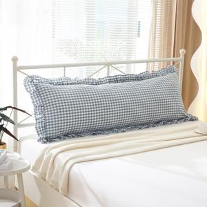 Dust Blue White Plaid Gingham Body Pillow Cover with Ruffles 20x54 inches, 100% Cotton Rustic French Country Vintage Fall Pillow Shams for Bed/Sofa (20x54 inches, Dust Blue/White Plaid)