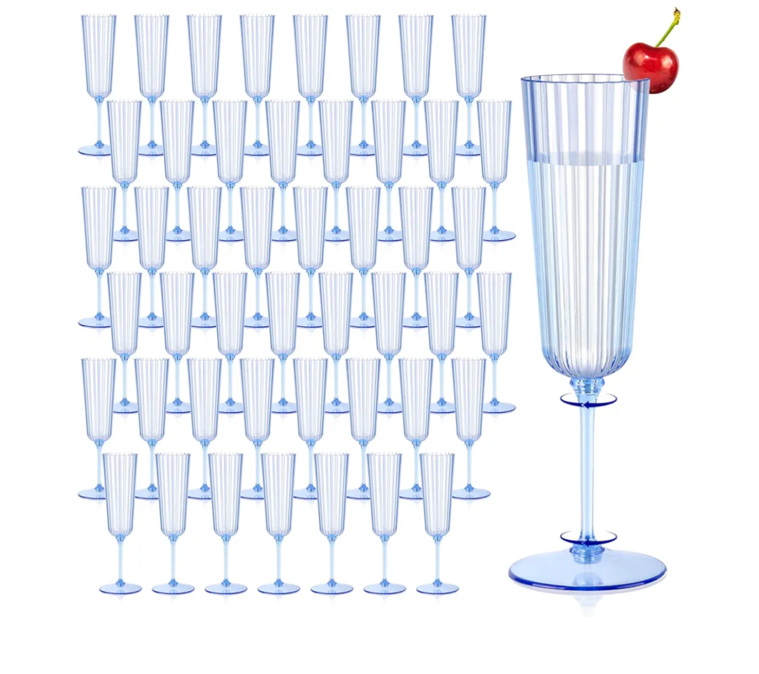 48 Pack Plastic Champagne Glasses Blue Unbreakable Ribbed Champagne Flutes Detachable 5.5 Oz Disposable Stemware Glasses Wine Toasting Cups for Wedding Bridal Shower Gifts Bridal Shower Housewarming