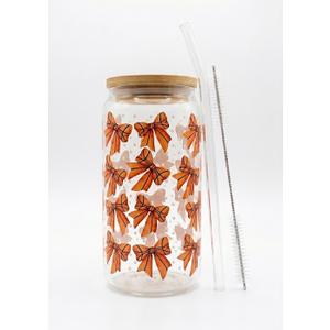 Bow Aesthetic Cup with Clear Gift Bag Glass Cup with Lid and Straw Trendy Iced Coffee Tumbler for Girls Sister Girlfriend Birthday Valentines Gifts Wedding Bridesmaid Bride Favor