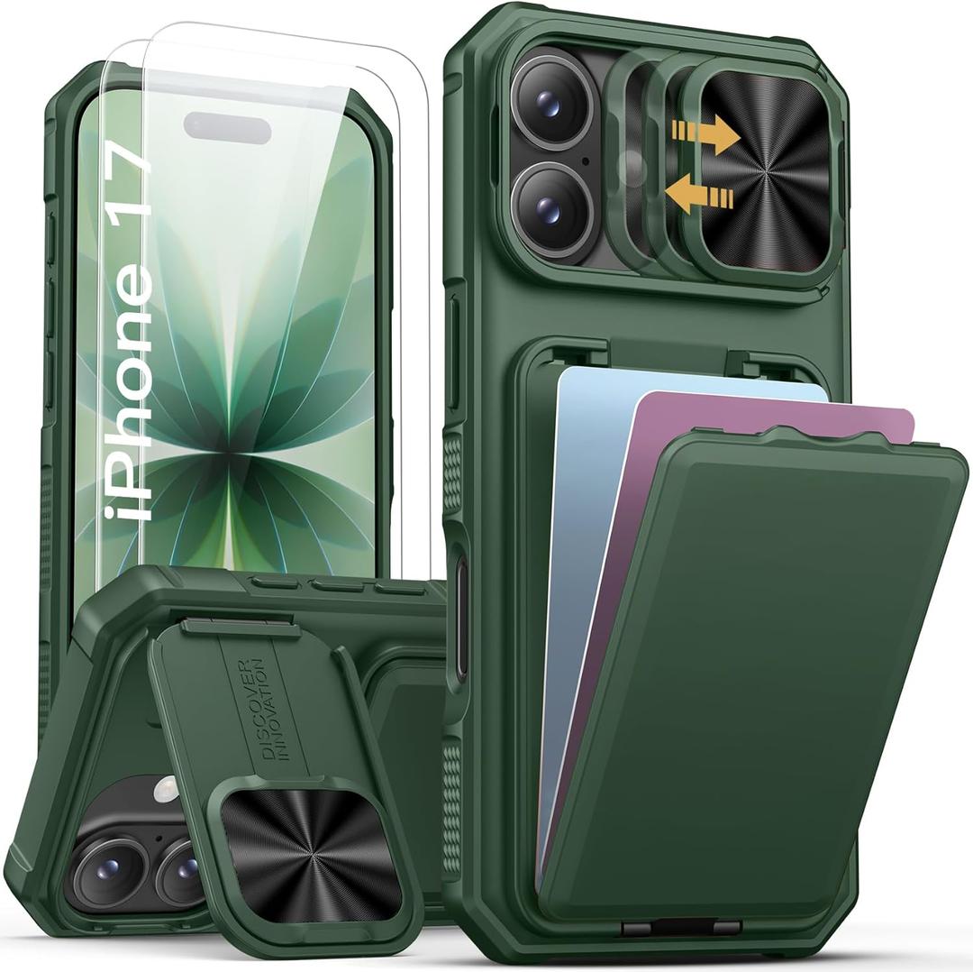 SSLOTSCASE for iPhone 17 Case with 2X Glass Screen Protector, HD Clarity Anti-Scratch, Card Holder & Kickstand & Slide Lens Cover, Rugged Sturdy Hard Women Men Phone Cover for iPhone 17 6.3'', Green