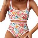 Herseas Women's Bikini Sets Floral Print Whip Stitch 2 Piece Swimsuits High Waisted Scoop Bathing Suits M
