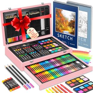 Art Supplies,156-Pack Deluxe Art Set Drawing Kit with 2 Sketch Book, Arts and Crafts, Art Supplies for Girls Ages 6-8 9-12 13 14 Year Old Girl, Cool Birthday Gifts (Pink)