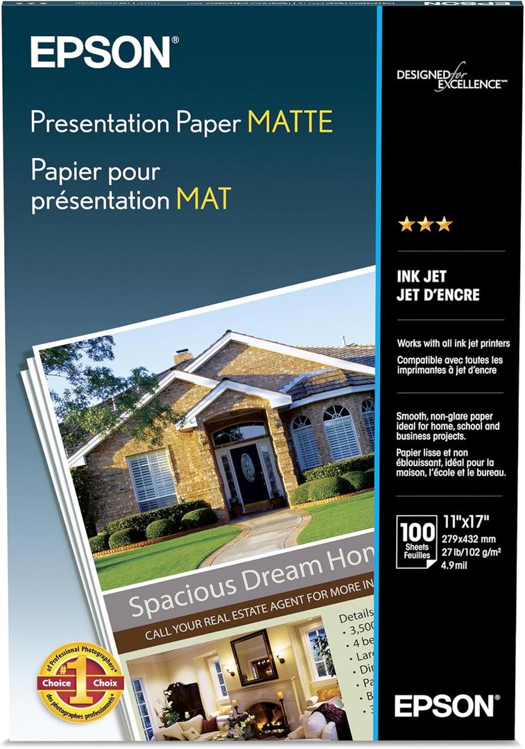 Epson Presentation Paper MATTE (11x17 Inches, 100 Sheets) (S041070),White