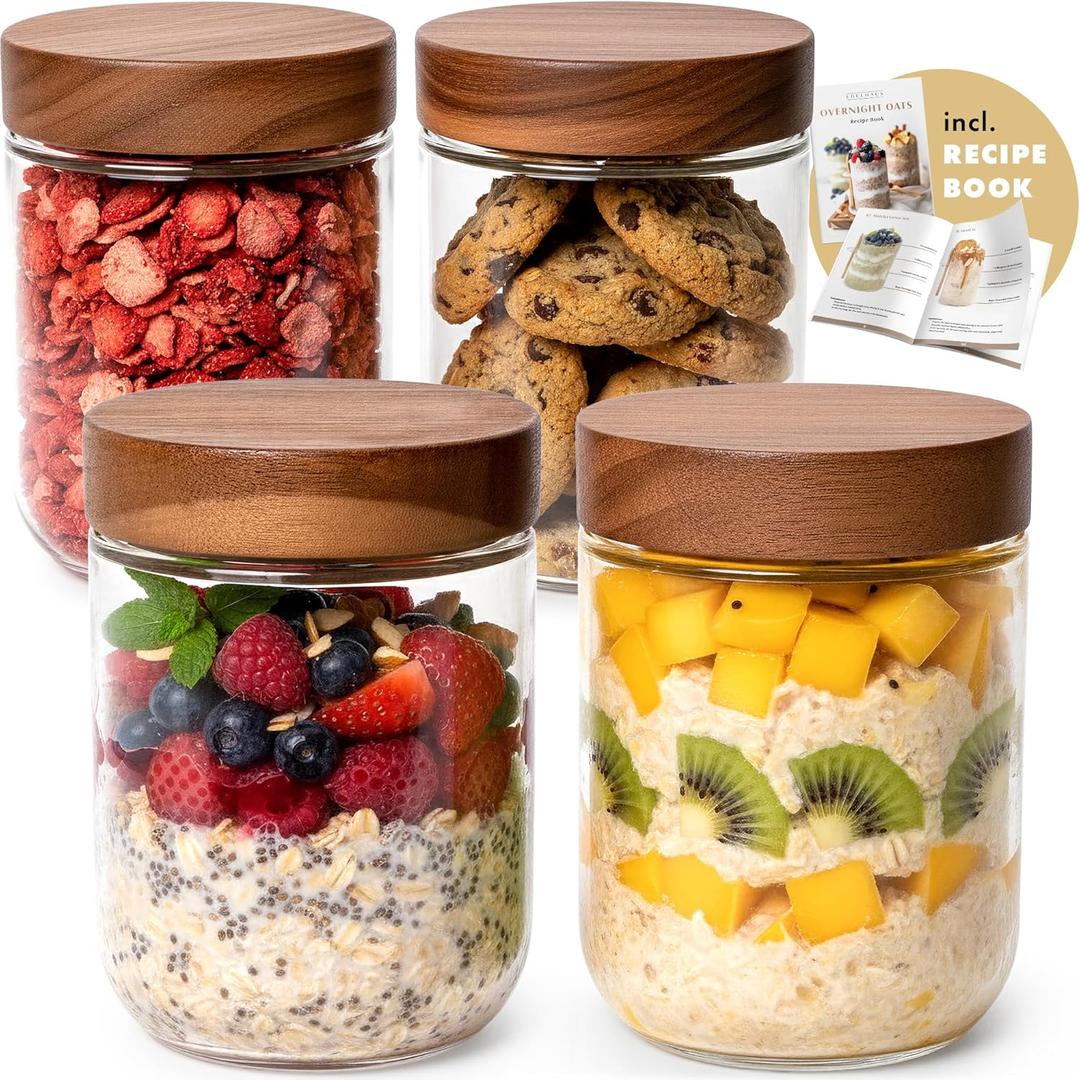 Overnight Oats Containers with Lids Acacia (4 x 16oz) Glass Jars for Oatmeal, Meal Prep, Food Storage | Leak-Proof Mason Jars for Oats, Cereal, Yogurt, Chia Pudding [Thicker Glass 3mm]