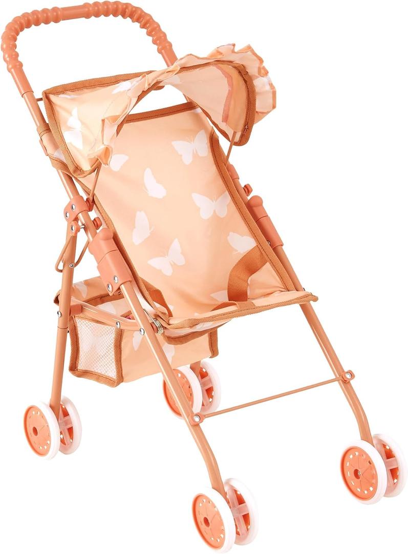 My First Baby Doll Stroller for Toddlers 3 Year Old Girls, Little Kids | Folding Baby Stroller for Dolls, Toy Stroller for Baby Dolls with Bottom Storage Basket, Foldable Frame, Canopy, Seatbelt (Beige Butterfuly)