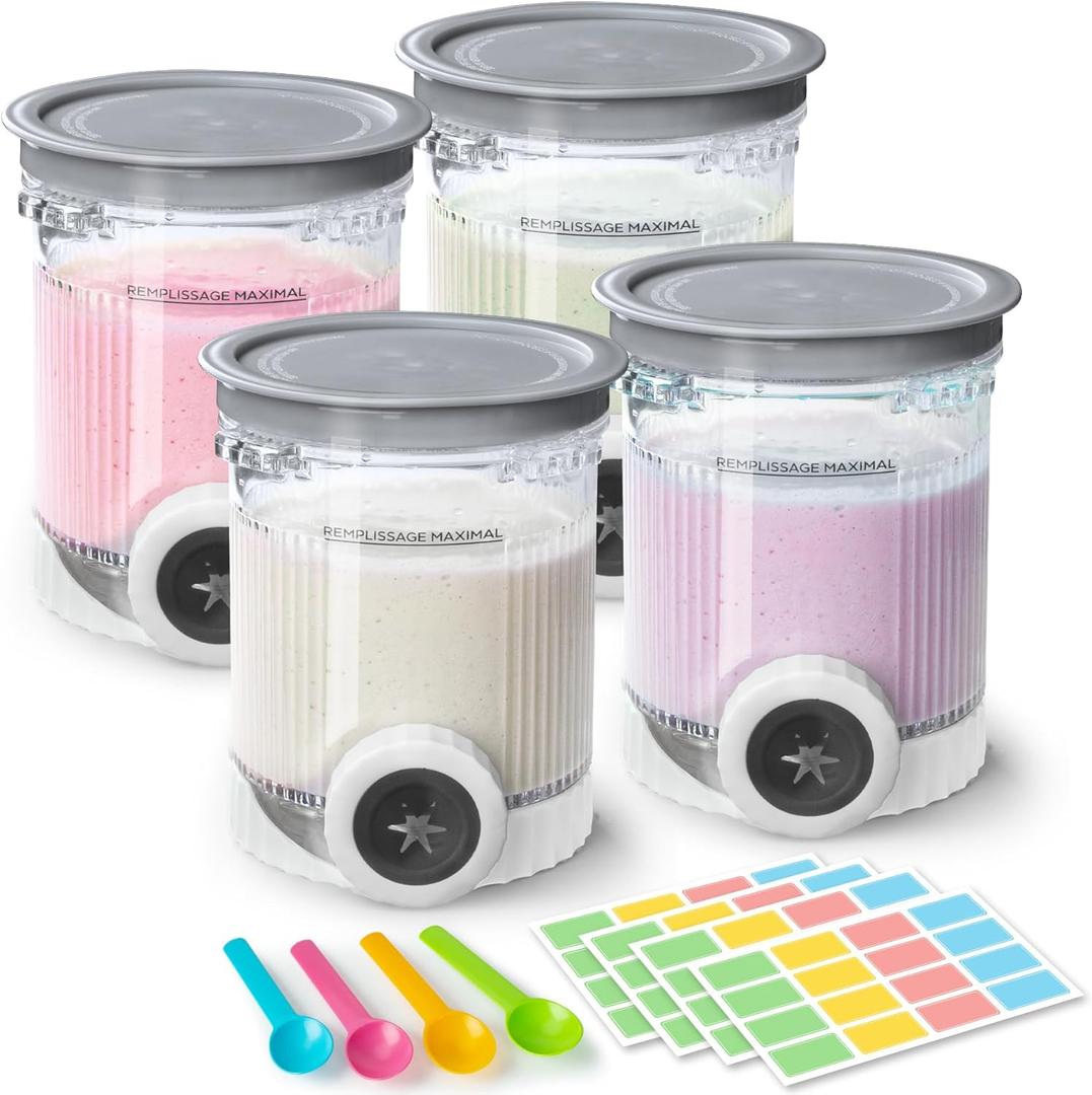 GuanQiao 4 Pack Creami Swirl Pints & Lids for Ninja, Compatible with NC700 Series Ninja Swirl Ice Cream & Soft Serve Makers, with 4 Spoons & 64 Writable Labels, BPA-Free & Dishwasher Safe, Grey Lids