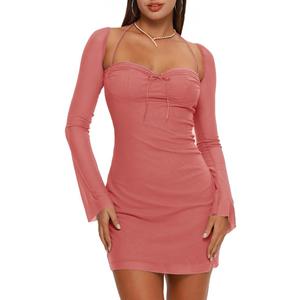 XLLAIS Women Long Puff Sleeve Mini Bodycon Mesh Dress Split Hem Clubwear Party Dress (Medium, Babypink1)