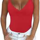 REORIA Women's Sexy V Neck Lace Backless Bodysuits Trendy Sleeveless Double Lined Thong Going Out Y2K Spaghetti Strap Tops Small