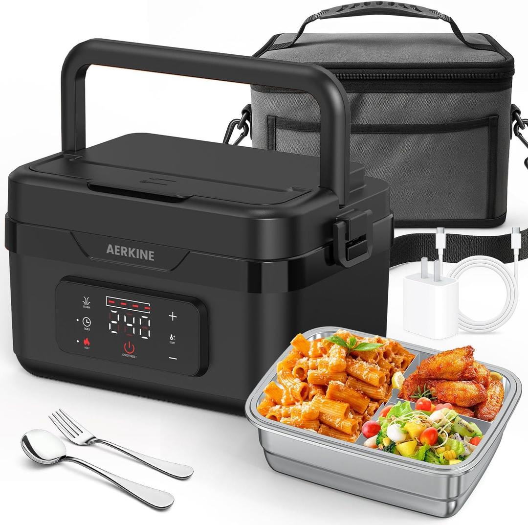 Electric Lunch Box For Adults - Rechargeable 60W Self-Heating Food Warmer with 1.0L Stainless Steel Container, Heated Lunch Box For Office, Picnic, Car & Outdoor Use(Black)