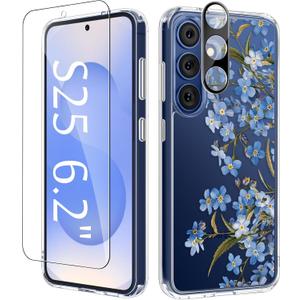 GVIEWIN Compatible with Samsung Galaxy S25 Case, Clear Floral Slim Shockproof Protective Women Phone Case, Non-Yellowing, with Screen Protector & Camera Lens Protector 6.2", Aconite/Blue