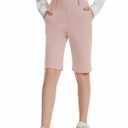 CharmWM Girls School Uniform Bermuda Shorts Elastic High Waisted Straight Leg Midi Short Pants with Pockets Pink (Pink)