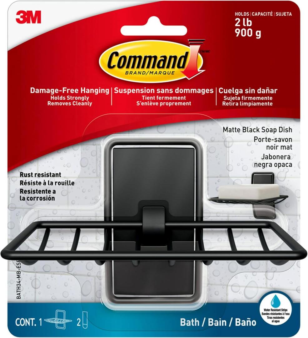 Command Soap Dish for Shower, Damage-Free Hanging Bathroom Organization, No Tools Bar Soap Holder, 1 Matte Black Dish and 2 Water-Resistant Command Strips