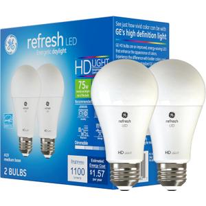 GE Refresh LED Light Bulbs, 75 Watt, Daylight, A19 (2 Pack)