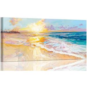 AmoyArt Ocean Wall Art for Living Room, Beach Canvas Wall-Decor for Bedroom, Sunset Picture Print for Home, Size 48x24 Inches