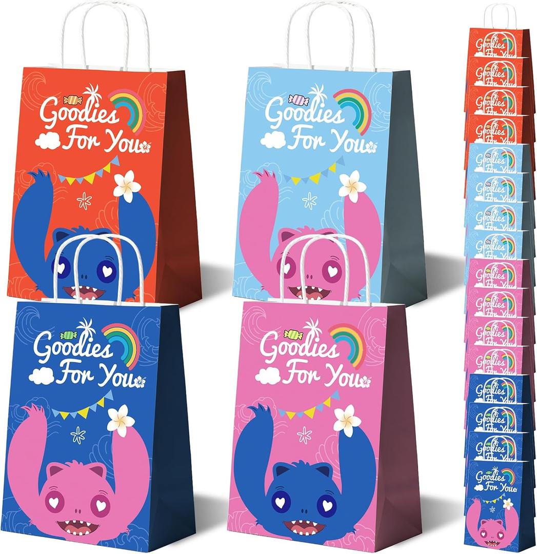 16 Pack Tropical Rainbow Party Favor Bags with Handles - Cute Cartoon Goodie Bags for Kids Birthday, Luau, Summer Beach Theme - Colorful Paper Treat Gift Bags for Classroom Prizes & Candy (Pink Blue Red)