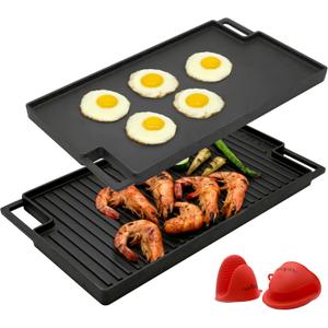 NutriChef Cast Iron Reversible Grill Plate, 18 Flat Skillet Griddle Pan for Stove Top, Gas Range Grilling Pan with Silicone Oven Mitt, Compatible with Electric, Ceramic & Induction Cooktops, 18x10