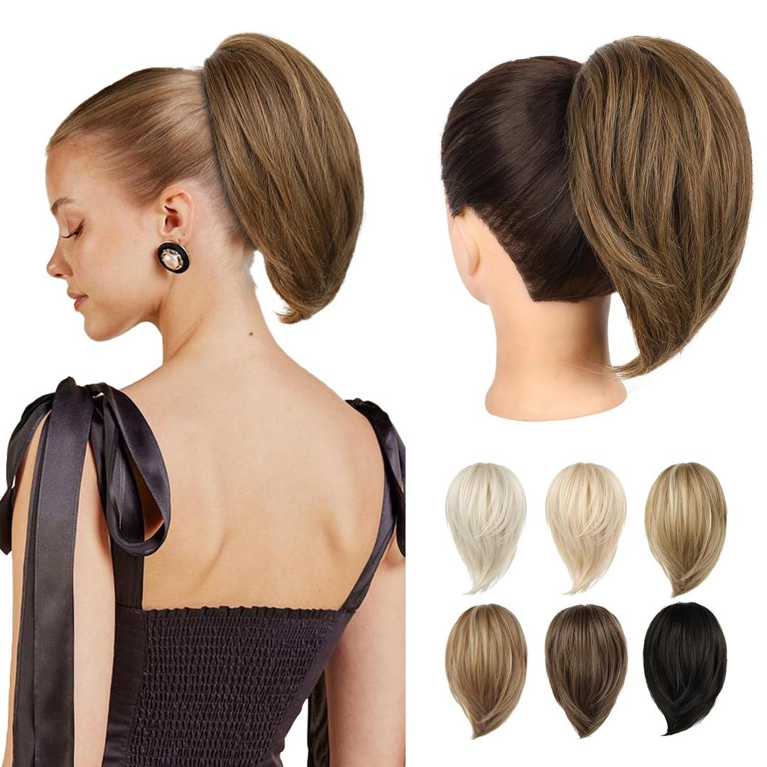 Ponytail Extension - 10" Short Claw Clip in Ponytail Hair Extensions Messy Bun Hair Piece Natural Soft Synthetic Straight Pony Tail Hair Pieces for Women - Ash Brown