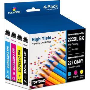TOKYOINK 222XL Ink Cartridges Combo Pack Remanufactured Replacement for 222 Ink Cartridge 222 XL for Printer XP-5200 WF-2960 Printer Ink (Black, Cyan, Magenta, Yellow 4 Pack)