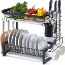 istBoom Stainless Steel Dish Drainer Black, 2-Tier Dish Drying Rack Kitchen Counter Organizer and Storage, Drainboard Utensil Holder Cutting Board Holder Hooks