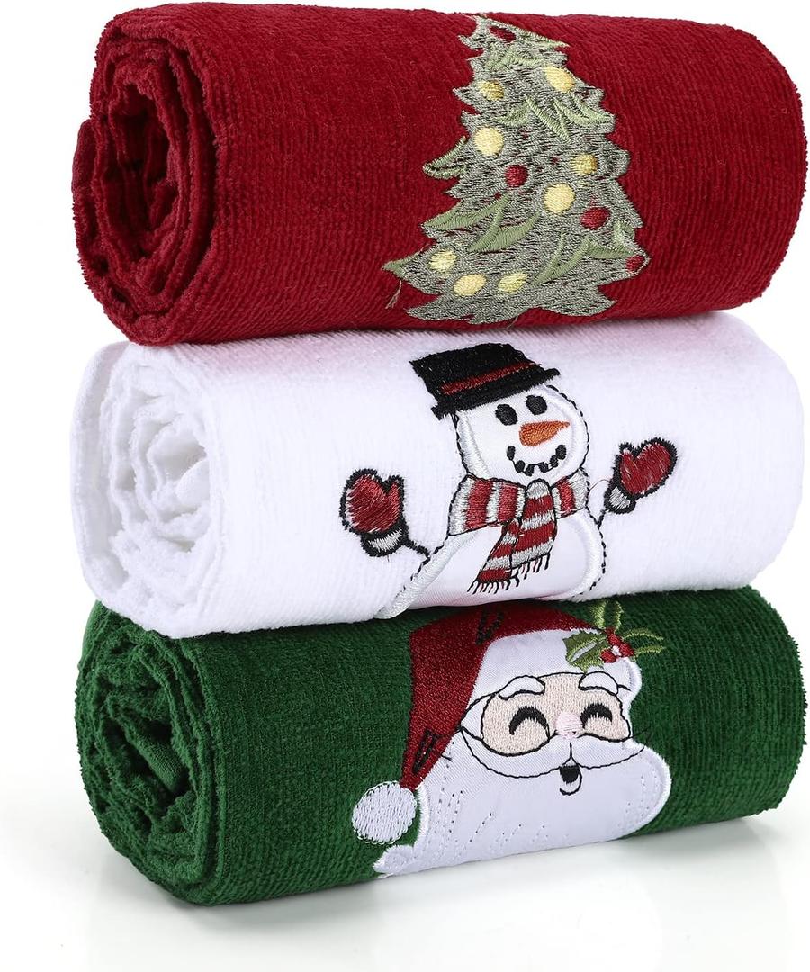 us beipin Christmas Hand Towels - Set of 3 Kitchen and Bathroom Towels - Cotton, 18x25 Inches - Embroidered Holiday Design - Decorative Dish Towels in 3 Colors Red, Green, White