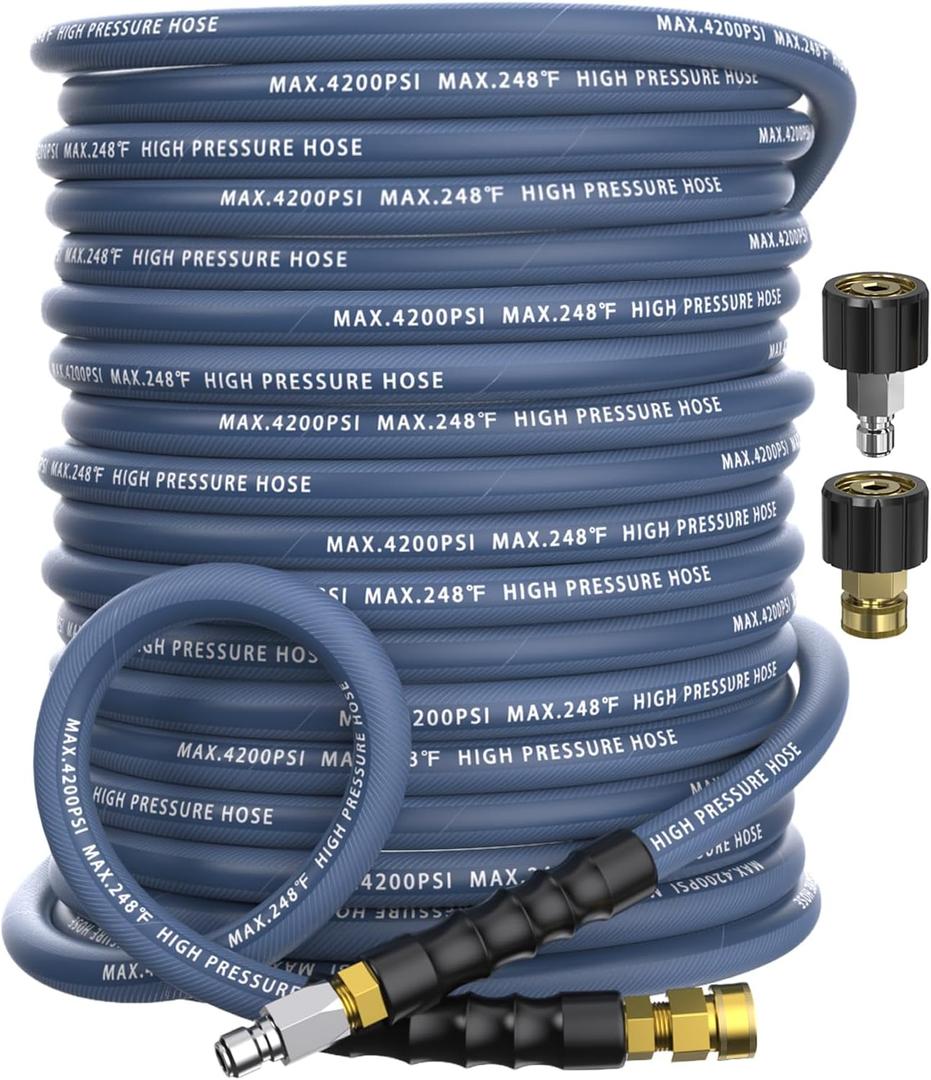 Pressure Washer Hose 100 ft, 4200 PSI Steel-Braided & Durable - Flexible & Kink-Resistant, Power Washer Hose with 3/8" Swivel Quick Connect & M22 14mm Adapter, Hot/Cold Water Compatible-Navy