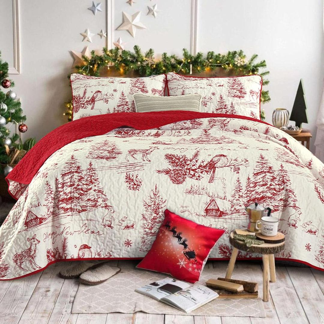 Xruibed Christmas Quilt Set Queen, Village Xmas Red Quilt Set 3PCs Soft Microfiber Lightweight Bedspread with 2 Pillow shams for Kids Teens Adults, Queen Size 90" x 96"